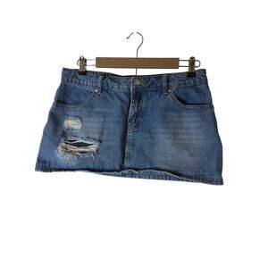 EDIKTED Blue Denim Distressed Active Skater Jean Mini Skirt SZ M